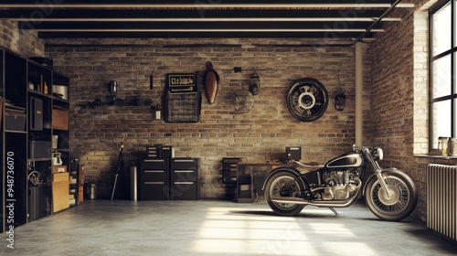 A classic motorcycle parked in a garage with exposed brick walls, a workbench, and an industrial feel.