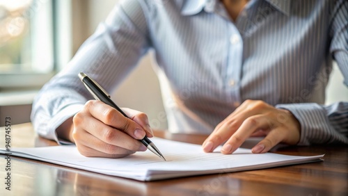 Close-up of a person filling out paperwork with a pen, application, form, document, submit, paperwork, signature