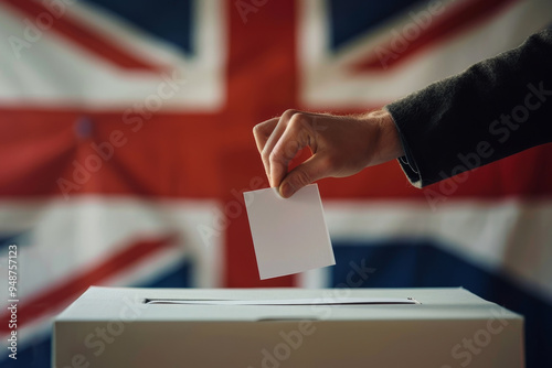 A person is voting in a box with a British flag in the background