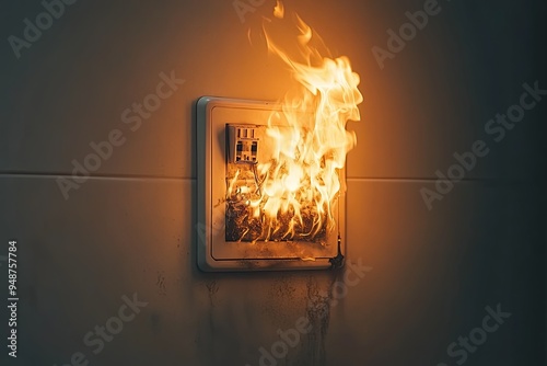 An electrical outlet engulfed in flames. This image depicts the danger of faulty wiring and electrical fires.