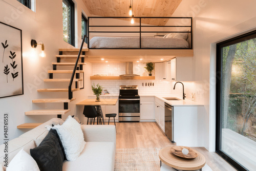 Cozy modern interior of a small house featuring a loft, minimalist decor, and warm lighting, perfect for relaxation and comfort.