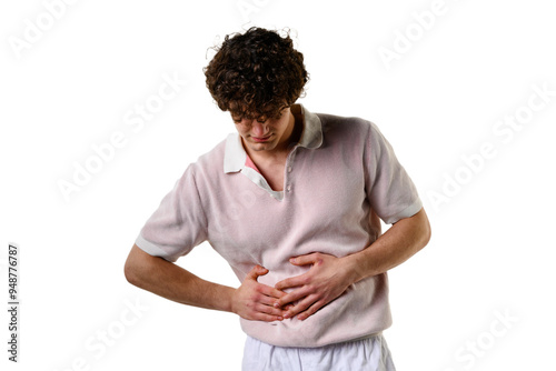 Appendicitis. Suffering from severe inflammation of appendix. Feeling acute abdominal pain and cramping from colitis. Nonspecific ulcerative colitis negatively affects large intestine.