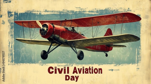 A classic red biplane flies high above the clouds, commemorating Civil Aviation Day