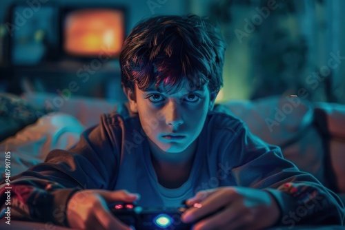 night gamer young boys illuminated digital adventure modern childhood technology portrait