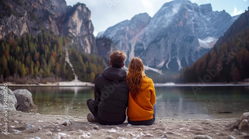 Couple relaxing by an alpine lake with breathtaking mountains and pristine waters in view