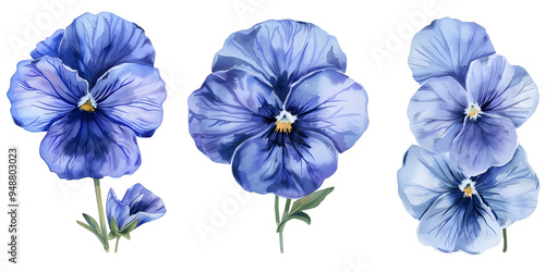 Viola, pansies flowers, clipart set, illustration in watercolor style isolated on transparent background for wedding invitation, postcard design, scrapbooking and greeting cards. PNG, cutout.