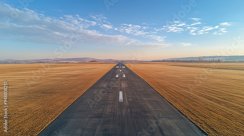 The runway leads towards the horizon under a clear blue sky at dawn, surrounded by vast fields