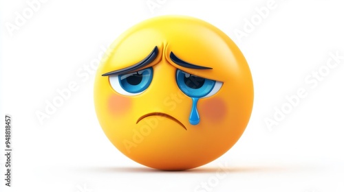 A sad yellow emoji face with a single tear drop falling down, expressing sadness and sorrow on a white background. High-quality 3D render.