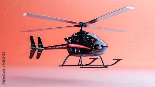 A detailed view of a realistic RC helicopter hovering against a light solid color background, showcasing its intricate rotor blades and design