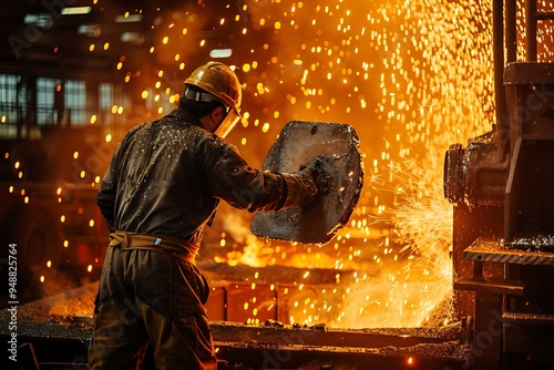 A man is working in steel factory, protective clothing and mask shovels molten metal in a steel mill