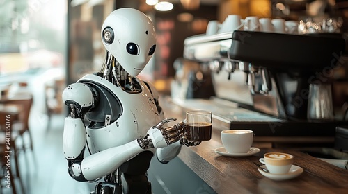 portrait of humanoid android robot waiter serving coffee in a cafe