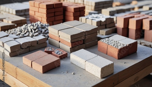 A detailed display of various building materials on a table, including bricks, tiles, and cement bags, highlighting their essential roles in construction projects, Generative AI