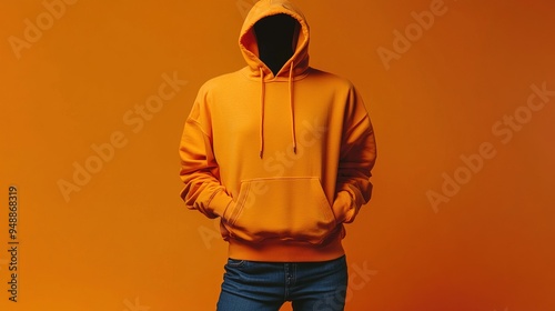 Faceless Man in Orange Hoodie Standing Against an Orange Background