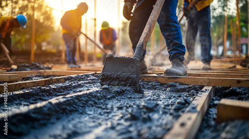 Team of workers pouring concrete for a foundation, ensuring a strong base for the structure, foundation work, construction essentials