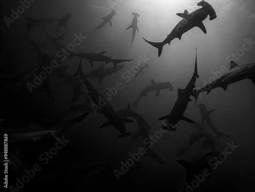 A captivating sight of numerous hammerhead sharks swimming in synchronized formation in deep blue waters.