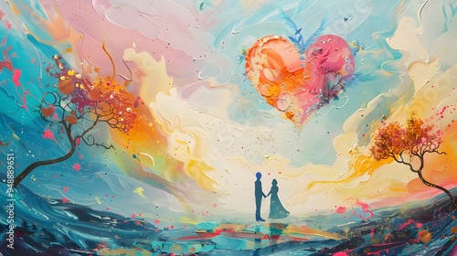 Couple Standing Beneath a Heart Shaped Cloud in a Colorful Dreamlike Landscape