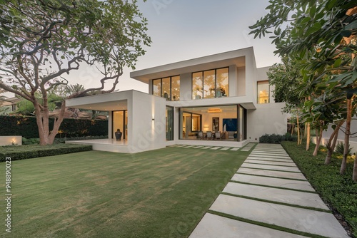 Modern Luxury Home Exterior: A serene and stylish contemporary home with a large, manicured lawn, a paved walkway, and lush greenery. The exterior boasts a clean, minimalist design with large windows