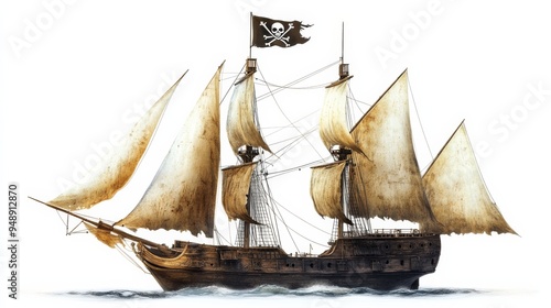 Old Pirate Ship on White Background.