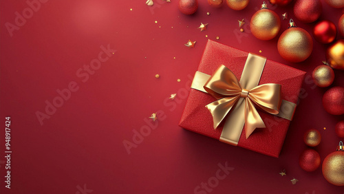 Um pequeno gift box, vermelho com laço dourado fundo vermelho com pequenos enfeites natalinos flutuando. Espaço para escrita .Render 3. Cartão de natal, natalino. 