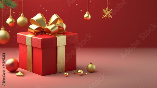 Um pequeno gift box, vermelho com laço dourado fundo vermelho com pequenos enfeites natalinos flutuando. Espaço para escrita .Render 3. Cartão de natal, natalino. 