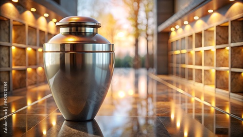 Metal cremation urn against the background of a modern memorial hall with natural lighting