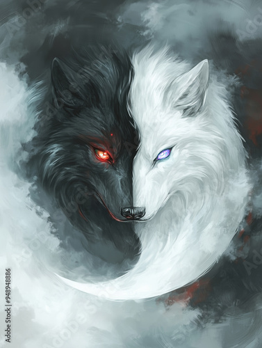 Black Wolf and white Wolf Ying Yang Moon epic art romanticism style intense fog, bold lines and red eyes of the Black Wolf and Blue Eyes the White Wolf Ying Yang cycle