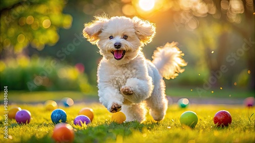 A fluffy white poodle puppy enthusiastically runs and leaps through a sun-drenched meadow, its curly fur blowing in the wind, surrounded by cheerful toys and balls.