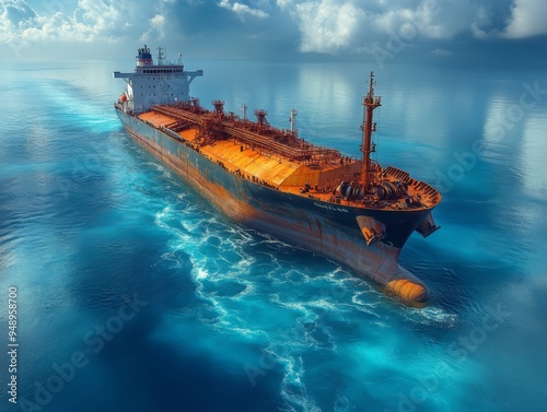 Majestic Cargo Ship at Sea: A powerful image of a large cargo ship sailing across the deep blue ocean under a dramatic sky.