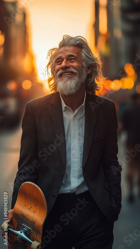 An older man with a grey beard enjoys skateboarding at sunset in an urban environment, radiating happiness and confidence