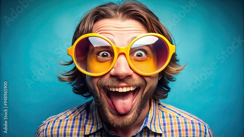 A playful individual makes a silly, cross-eyed face with a goofy grin, accentuated by a humorous, oversized pair of novelty sunglasses.