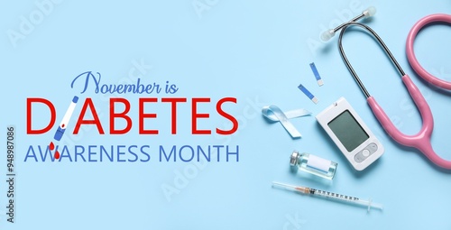 Awareness ribbon, insulin, glucometer and stethoscope on light blue background. Banner for Diabetes Awareness Month