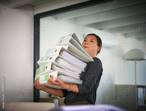 Portrait, carry and businesswoman with heavy paperwork in administration career crisis or workload. Folder, binder and overwhelmed administrator with stack or pile of documents for deadline workplace