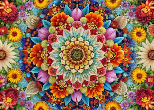 Vibrant, intricate floral tapestry featuring a kaleidoscope of bright, colorful flowers in full bloom, with petals