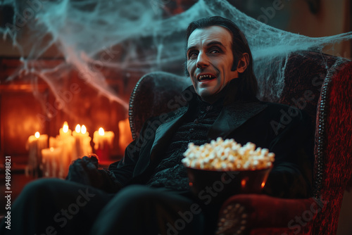 Dracula relaxes in a dimly lit room, munching popcorn while engrossed in a captivating late-night horror show