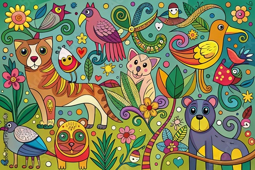 Whimsical illustration of various colorful animals including cats, dogs, birds, and monkeys, connected by a continuous