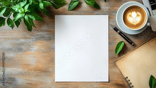 Top view of empty blank white vertical resume paper document mockup template on wooden office table or desk next to the laptop notebook with pencil above. Business curriculum vitae CV, job application