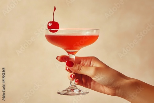 a vintage retro female hand holding a cocktail isolated on a plain background, 1960s and 70s style