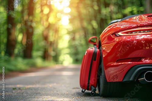 Red Convertible Car and Luggage on a Forest Road