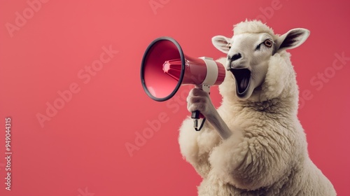 A sheep holds a megaphone and appears to be shouting, creating a funny atmosphere with a bright pink background, big news announcement