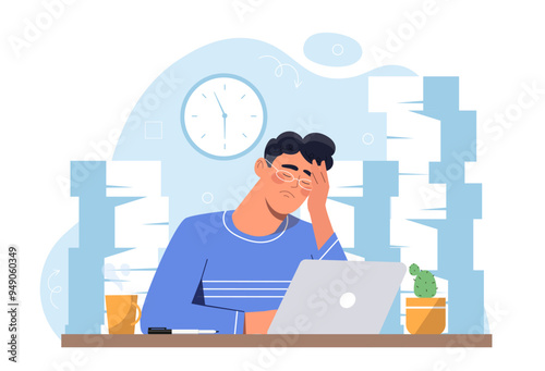 Overload at work. Tired young guy sitting with laptop near documents. Lot of paperwork for clerk. Emotional burnout. Ineffective work process organization. Flat vector illustration