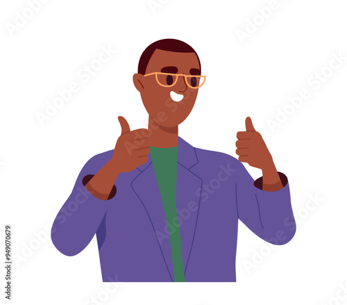 Person shows hand gesture. Man with facial expression and emotions. Guy show thumbs up. Communication and interaction. Sticker for social networks. Flat vector illustration isolated on background