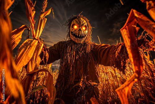 Scarecrow in corn maze, spooky Halloween horror haunted house event, jump scare actor