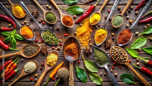 Vibrant assorted curry icons, including spoons, leaves, and spices, arranged on a rustic wooden background, evoking a sense of exotic Indian cuisine and cultural heritage.