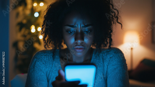 A young black woman or girl looks at her phone with an expression of concern or worry, the victim or cyberbullying, revenge porn, blackmail. Wide landscape ratio 16:9 with copy space