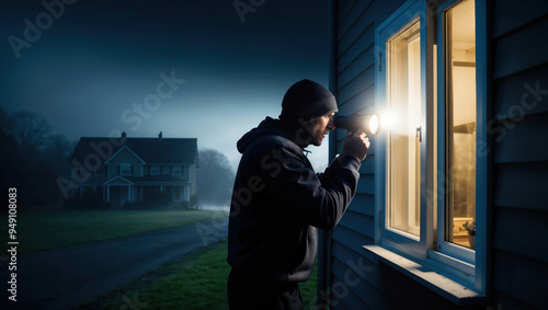 Burglar Peering Into Window at Night with Flashlight