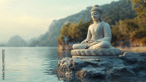 Buddha Statue Serenely Seated on Rocky Outcrop Surrounded by Calm Waters 