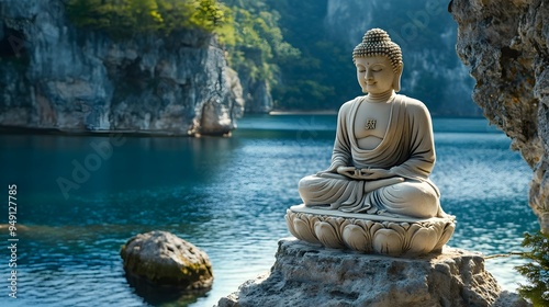 Buddha Statue Serenely Seated on Rocky Outcrop Surrounded by Calm Waters