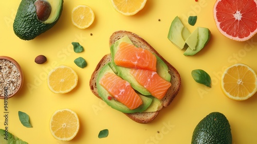 This breakfast showcases delectable avocado toast adorned with fresh salmon and surrounded by vibrant citrus fruits on a yellow backdrop. Generative AI