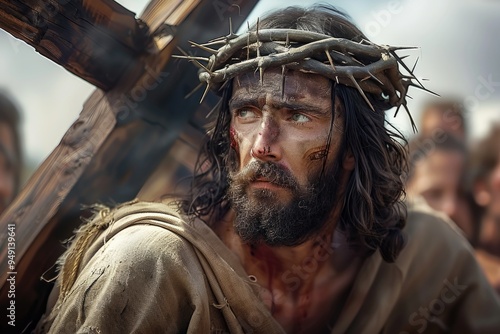 Path to calvary: Jesus Christ carrying a heavy cross to Golgotha, his weary face revealing suffering and fatigue, capturing the solemnity and sacrifice of this pivotal moment