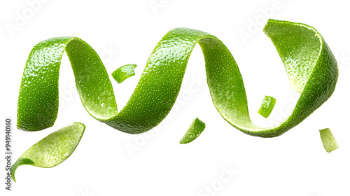 Green lime peel isolated on white background with lime twist and fruit zest